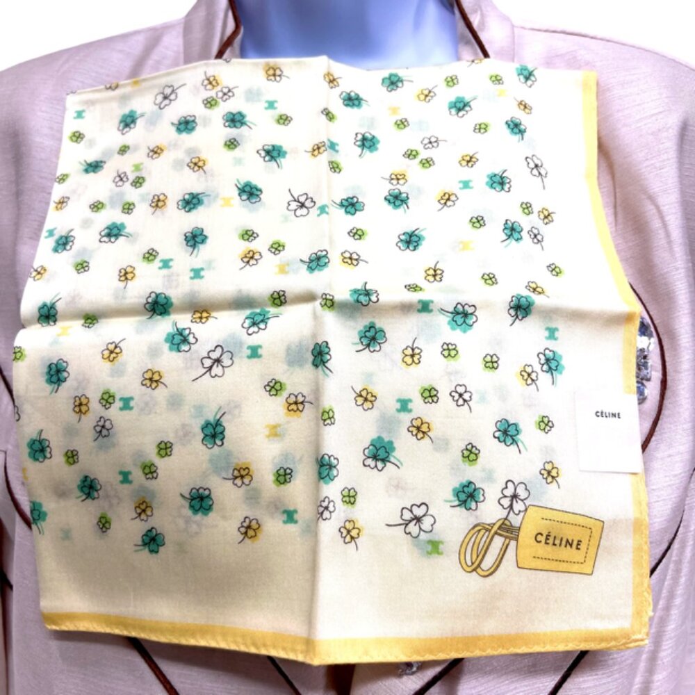 New W/Tag Celine Paris Mini Scarf 20"Cotton light yellow green floral logo( 60